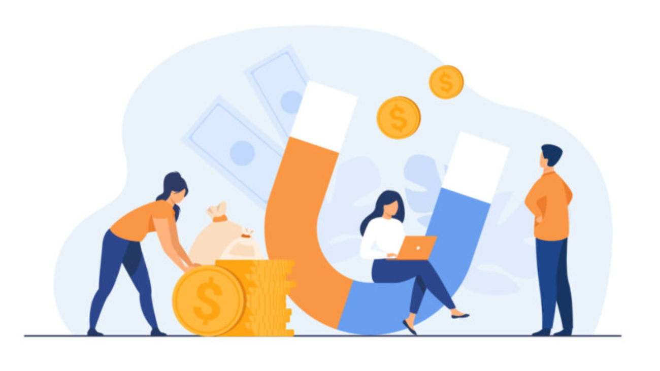 Income and money attraction. People with magnet getting cash. Vector illustration for fast loan, income, investment, profit, finance, success concept