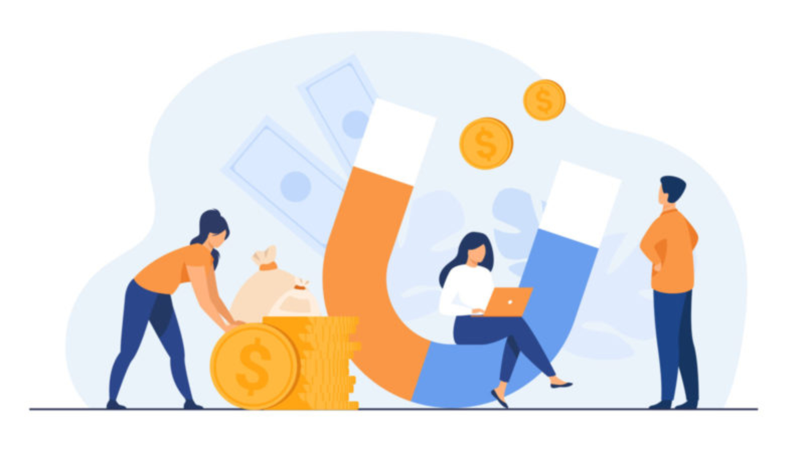 Income and money attraction. People with magnet getting cash. Vector illustration for fast loan, income, investment, profit, finance, success concept